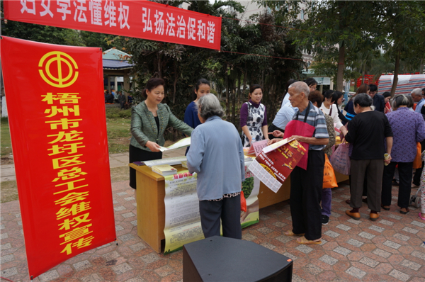 龙圩区总工会在2015年3月开展迎“三八”妇女维权月普法活动，以“妇女法治懂维权，颂扬法治促和谐”为指导思想，开展了以“